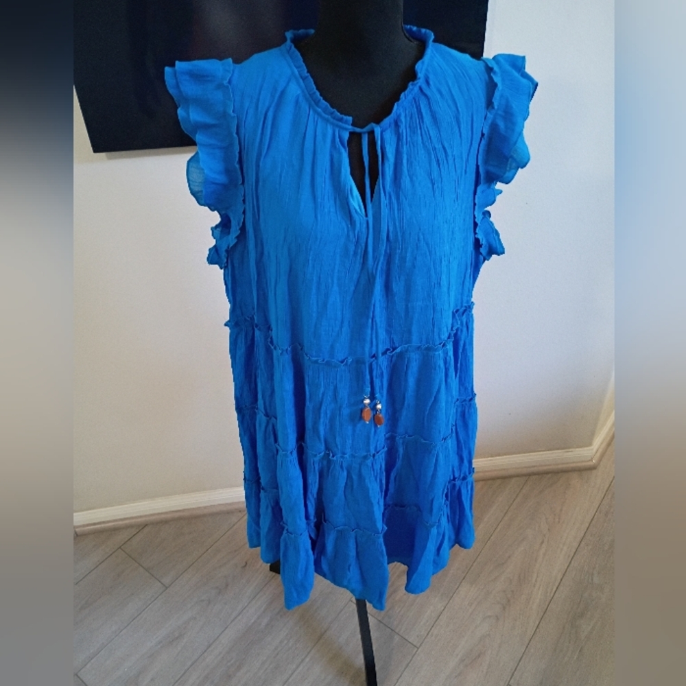 Blue Ruffle Short Sleeve Women's Over The Knee Dress Size XL